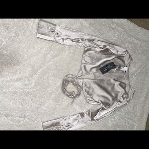 Satin Tie Up Crop Top W/ Open back Slit